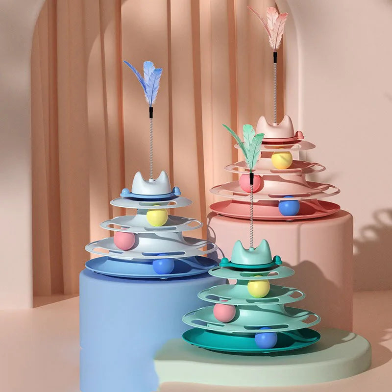Interactive Cat Toy Tower Kitten Turntable Track Roller Balls Toys With Feather Pets Supplies Toy For Cat Tower
