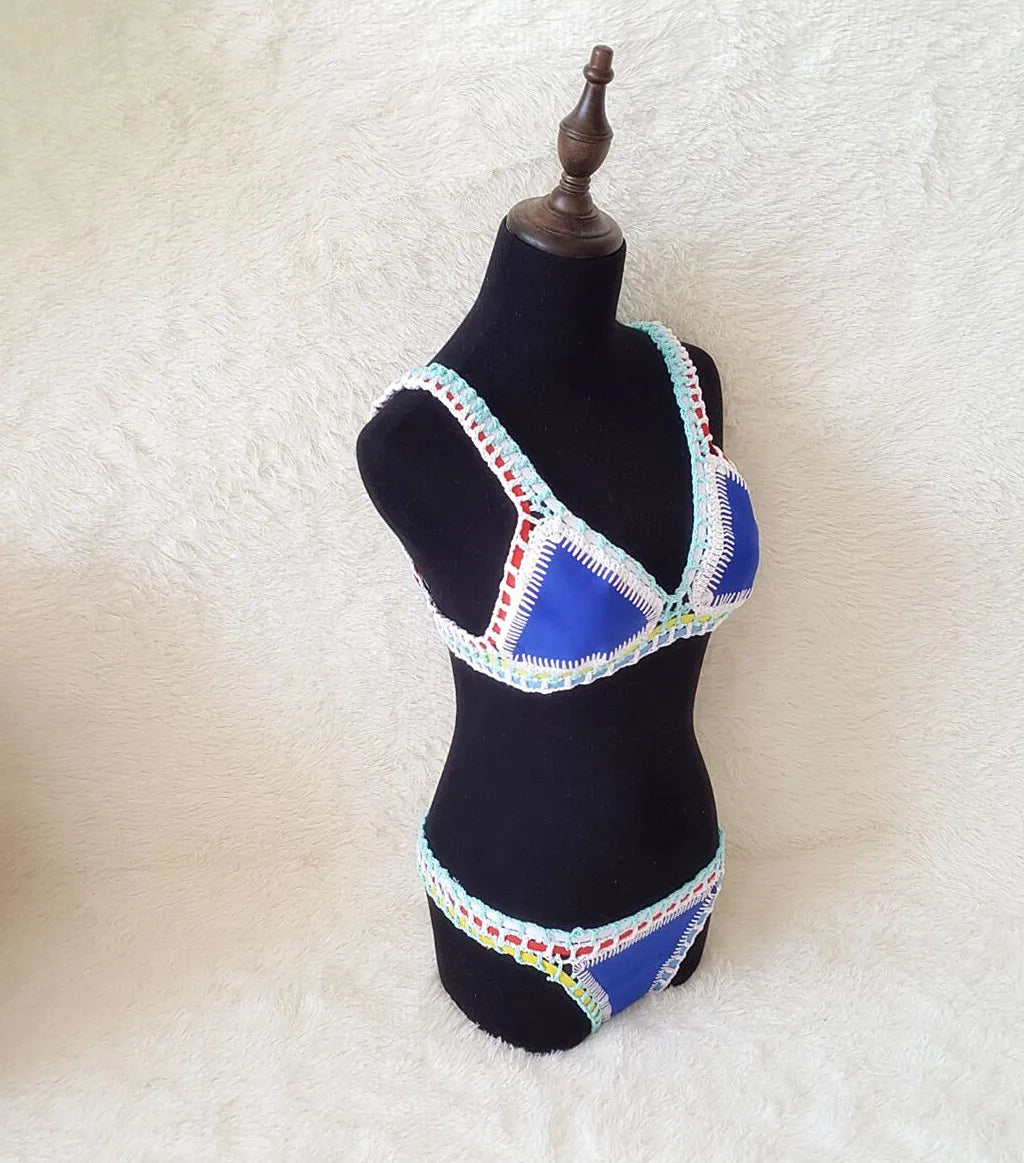 Bikini Crochet 2025 Handmade Knit Patchwork Reversible 2 Piece Swimsuit Women Halter Top Brazilian Bathing Suit Thong Swimwear
