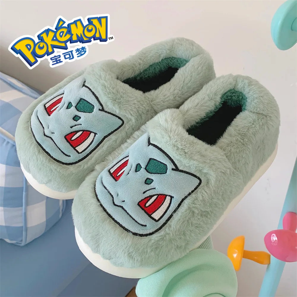 Pokémon Genuine Bulbasaur Indoor Fall and Winter Plus Velvet Warm Soft-soled Comfortable Cotton Slippers for Men and Women