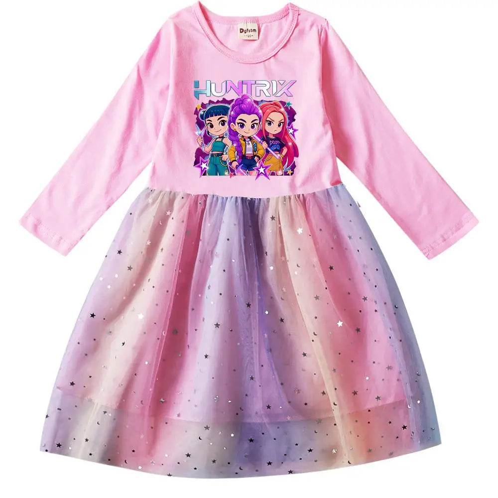 Girls' K-Pop Demon Hunters "Star Sparkle" Long Sleeve Tutu Dress: Rainbow Tulle Princess Gown