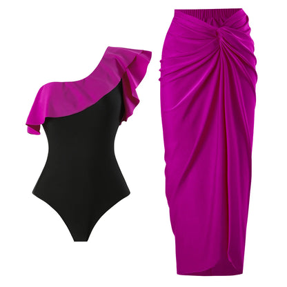2024 Sexy Women's Swimsuit with Skirt One-Piece Swimwear Vintage Ruffle V Neck Cover Up Bikinis Set Beachwear Bathing Suit