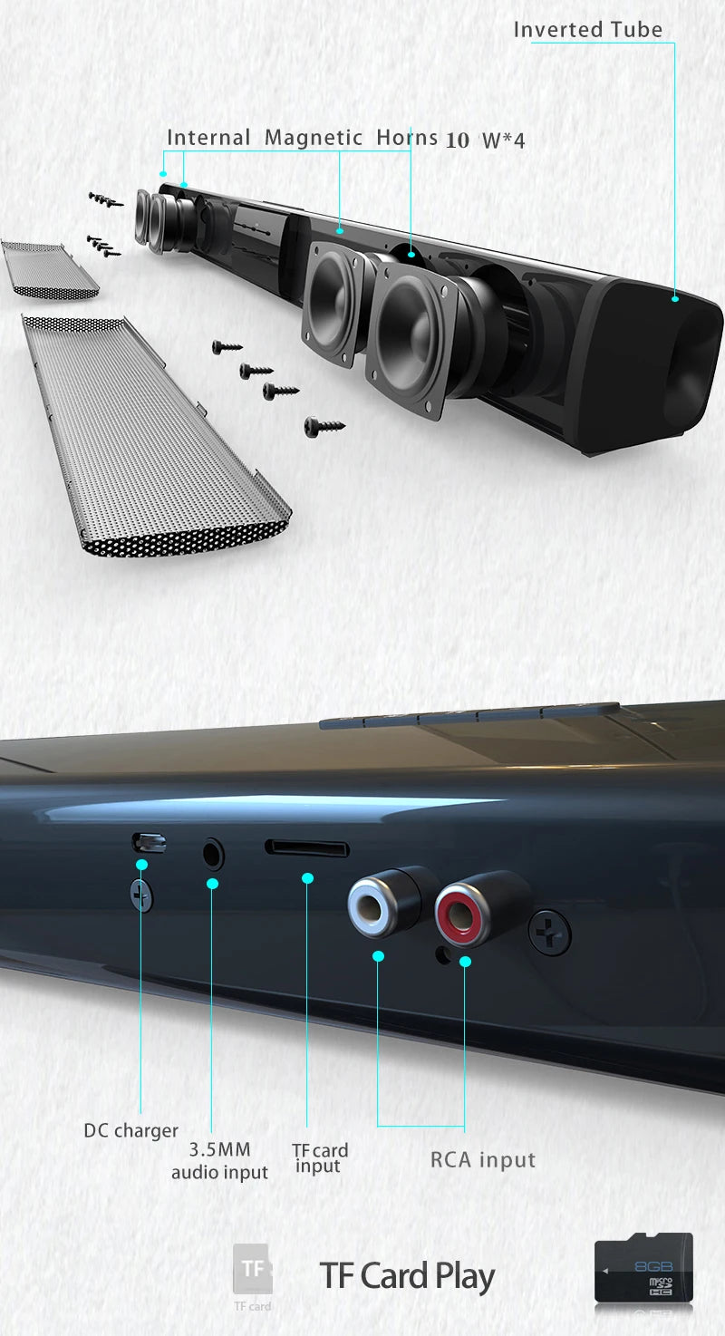 40W Bluetooth TV Soundbar with FM Radio & Surround Sound