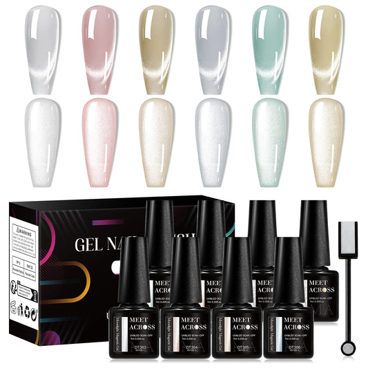 MEET ACROSS 6PCS/SET Cat Magnetic Gel Polish With Magnetic Stick And Box For Nails Semi Permanent Nail Art Gel Varnish Manicure