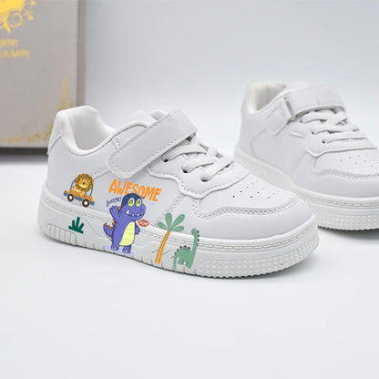 Kids' "Awesome Dino" White Sneakers: Lightweight Breathable Sport Shoes with Hook & Loop