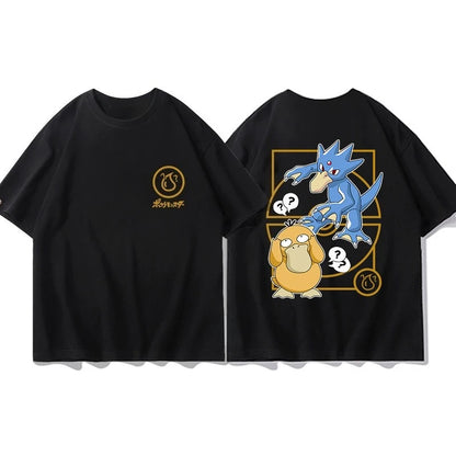 Pokémon Joint Peripheral Products Short Sleeve T-Shirt Gengar Psyduck Mewtwo Printed Men's Boys and Girls Summer New Fashion Top