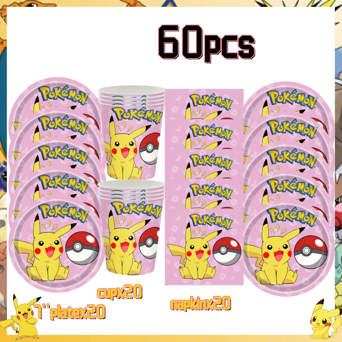 Pink Pokemon Birthday Party Decoration Disposable Tableware Set Pikachu Tablecloth Cup Plate Baby Shower Kids Diy Party Supplies