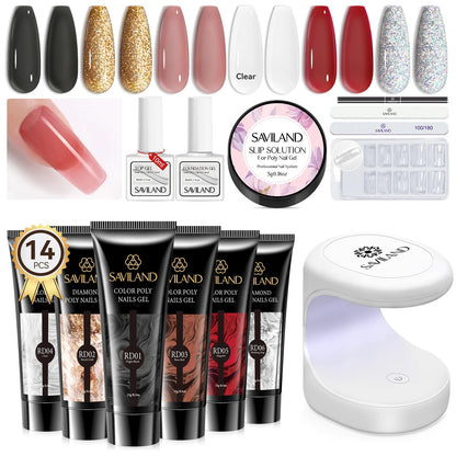 SAVILAND Poly Gel Nail Kit with UV Lamp Starter Set Fast Cure No Lifting Purple Pink Gel with Nail Tips for Beginners Home Salon