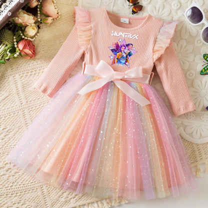 K-Pop Hunters Zoey Mira Rumi Colorful Princess Dress for Kids Girls Casual Long Sleeve Sequin Mesh Dresses Party Gift 1-5Y