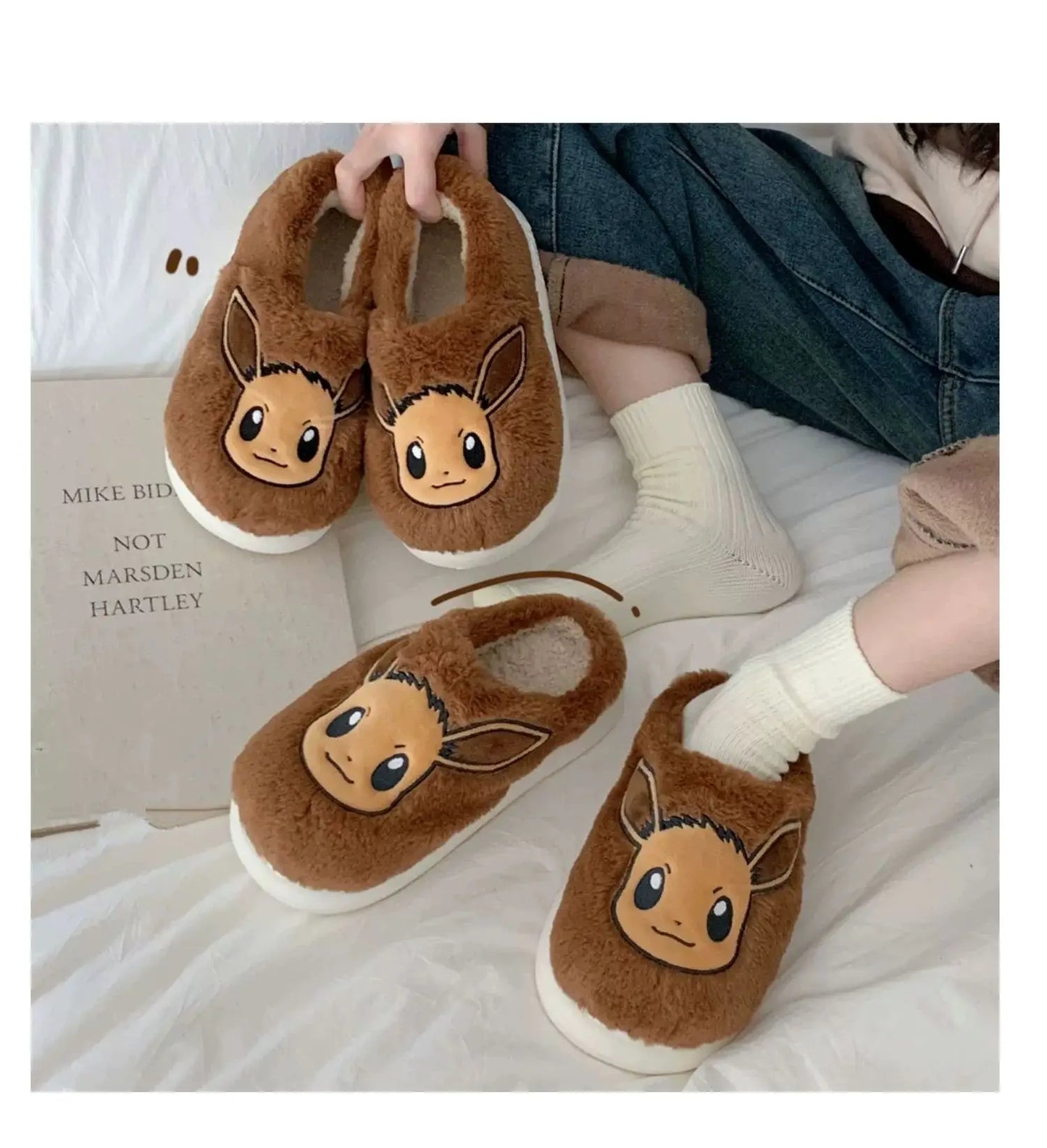 Pokemon Anime Couple Slippers Cute Pikachu Eevee Cartoon Cotton Home Shoes for Men And Women with Velvet Insulation Winter Gifts