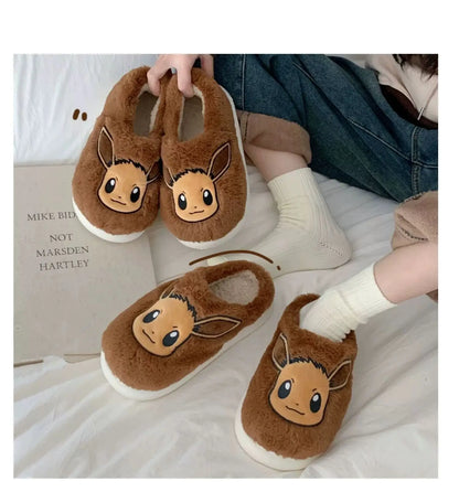 Pokemon Anime Couple Slippers Cute Pikachu Eevee Cartoon Cotton Home Shoes for Men And Women with Velvet Insulation Winter Gifts