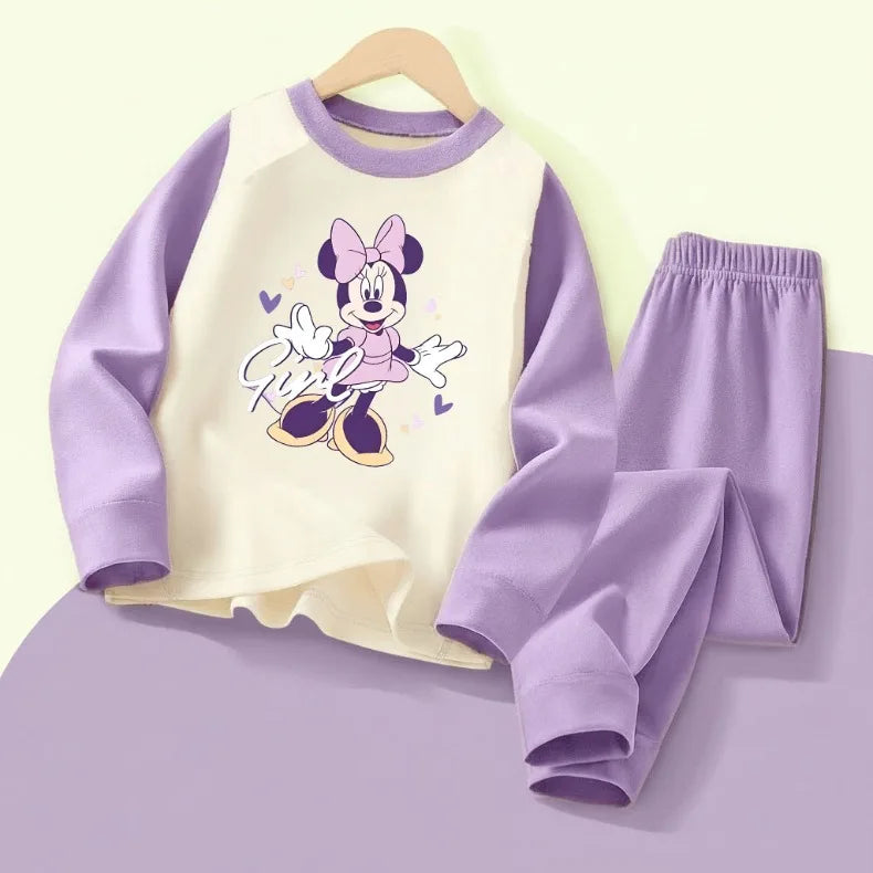 DISNEY MINNIE Printed Girls Casual Spliced Sleepwears Sets Autumn Winter Kids Comfy Soft Home Clothing Set Child Pijamas 0-10Y