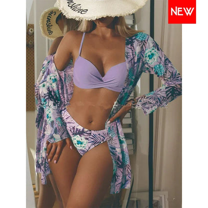 Three Pieces Bikini Set Cover Up Women 2023 New Push Up Twist Swimsuit Print Long Sleeve Swimwear Biquini Bathing Suit Summer