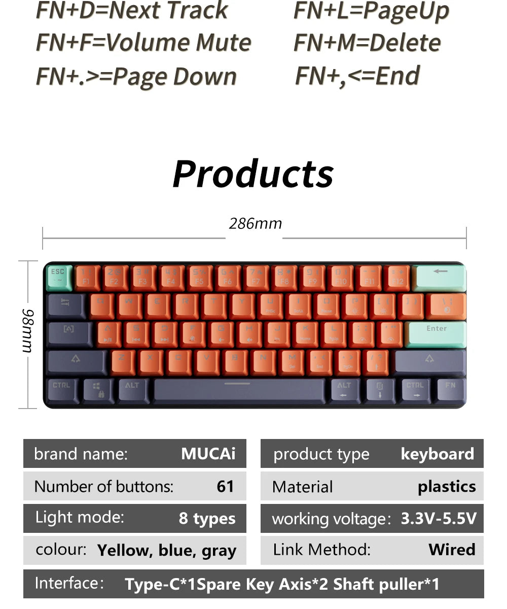 MUCAI 61 key USB hot swappable wired e-sports mechanical keyboard LED backlit axis gaming mechanical keyboard desktop red axis