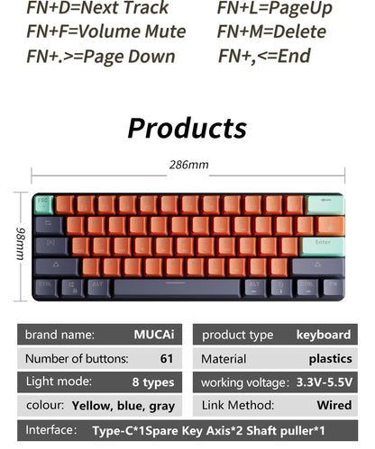 MUCAI 61 key USB hot swappable wired e-sports mechanical keyboard LED backlit axis gaming mechanical keyboard desktop red axis