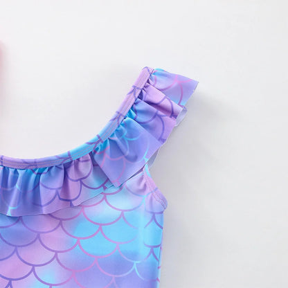 Girls' "Mermaid Heart" One-Piece Swimsuit: Colorful Scale Pattern with Asymmetric Ruffles