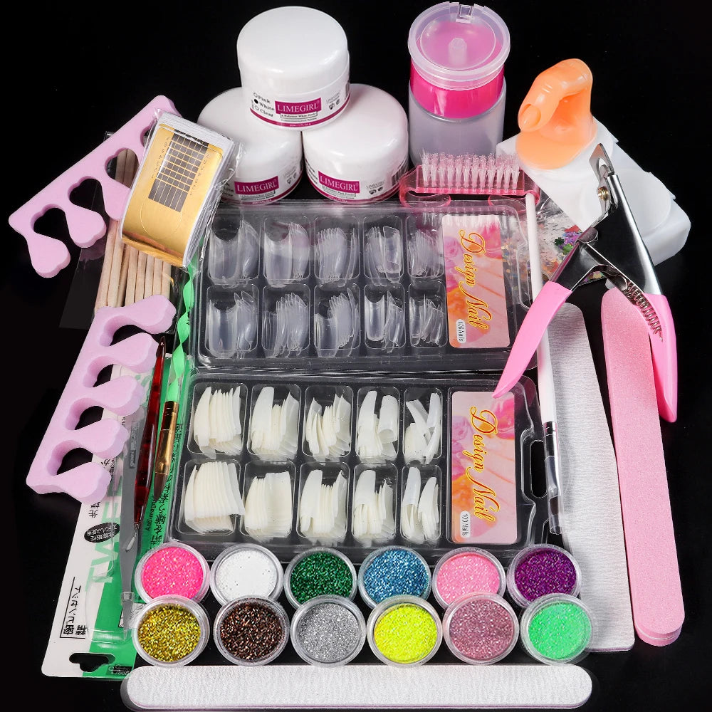 23 in 1 Acrylic Nail Kit for Beginners 12 Color Glitter Acrylic Powder White Clear Pink Acrylic Powder Nails Extension Professio