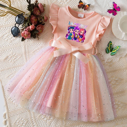 Girls' HUNTRX Rainbow Tulle Princess Dress: Sequin Star & Chibi Idol Party Gown