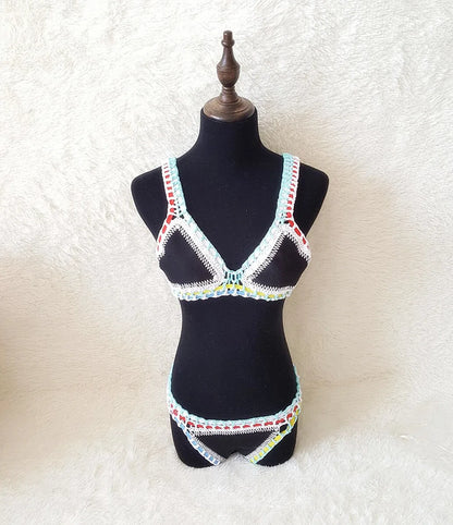 Bikini Crochet 2025 Handmade Knit Patchwork Reversible 2 Piece Swimsuit Women Halter Top Brazilian Bathing Suit Thong Swimwear