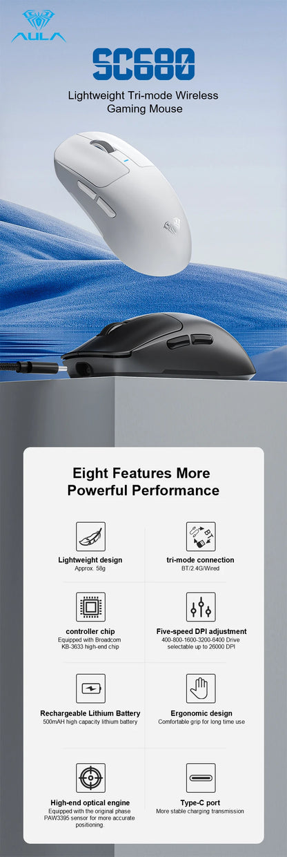 AULA SC680 Gaming Mouse Three Mode 2.4G Bluetooth Wireless Mouse 26000DPI Lightweight Mouse Paw3395 E-sports Gamer For PC