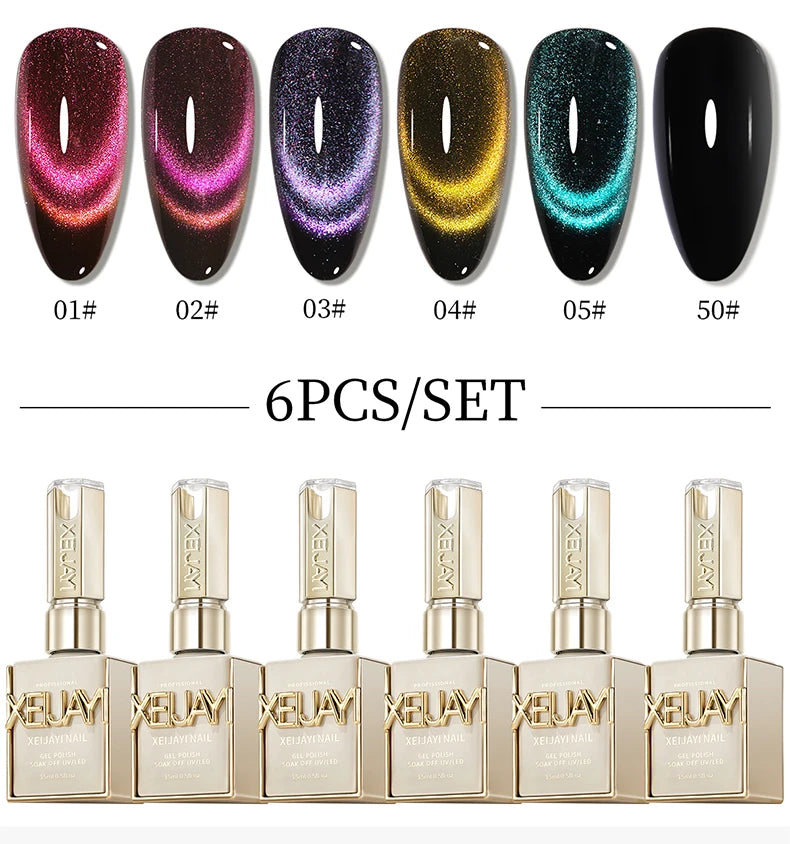 XEIJAYI 15ml 6pcs cat eye Gel Nail Polish set,Sparkling Translucent Effect for Salon, 5Colors cat Eye with Black color Quality