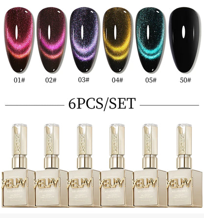 XEIJAYI 15ml 6pcs cat eye Gel Nail Polish set,Sparkling Translucent Effect for Salon, 5Colors cat Eye with Black color Quality