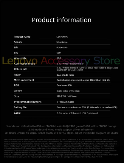Lenovo Legion M7 Gaming E-sports Mouse Wireless Bluetooth Lightweight ergonomic RGB Free definition  Optical micro motion 3-Mode