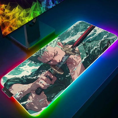 ONE PIECE Zoro RGB Mouse Pad Anime Carpe Large PC Gamer Computer LED Mausepad Keyboard Gaming Accessories Backlight Desk Mat XXL