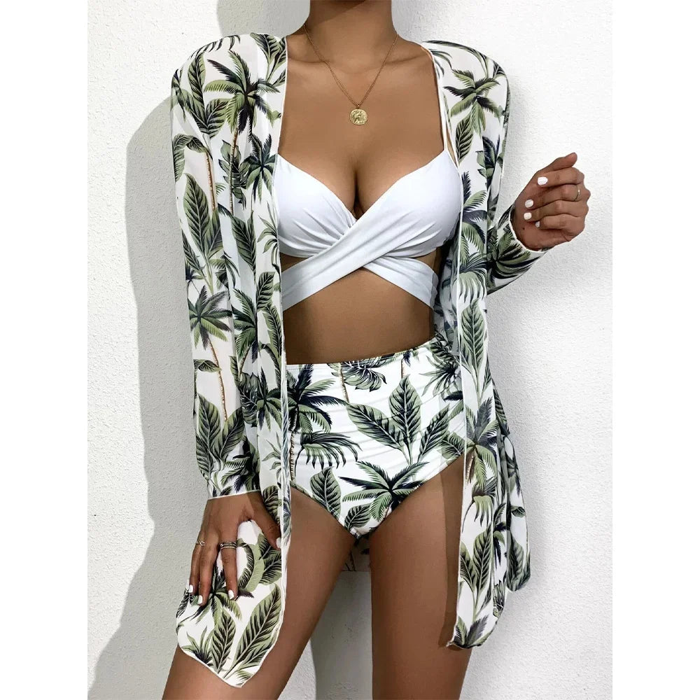 Three Pieces Bikini Set Cover Up Women 2023 New Push Up Twist Swimsuit Print Long Sleeve Swimwear Biquini Bathing Suit Summer