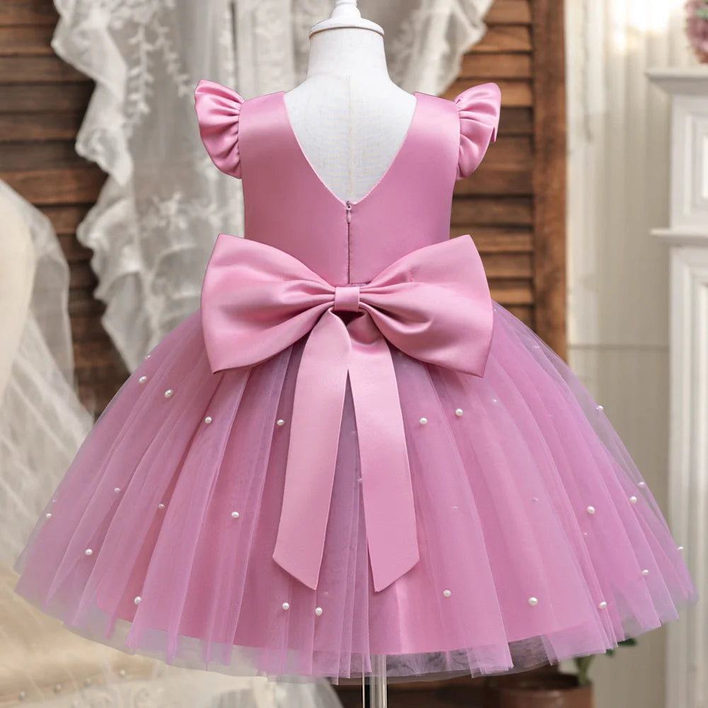 Girls' K-Pop "Pearl Essence" Gala Gown: Pink Tulle Tutu Dress with XL Back Bow & Beading