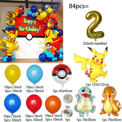 84pcs Pikachu Party Balloons Garland Arch Kit Pokemon Theme Birthday Party Decor Supplies Pikachu Squirtle Bulbasaur Pocket Ball