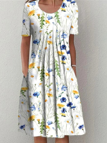 icevoolen Elegant Loose Midi Dress: Casual Short Sleeve Printed Summer Gown