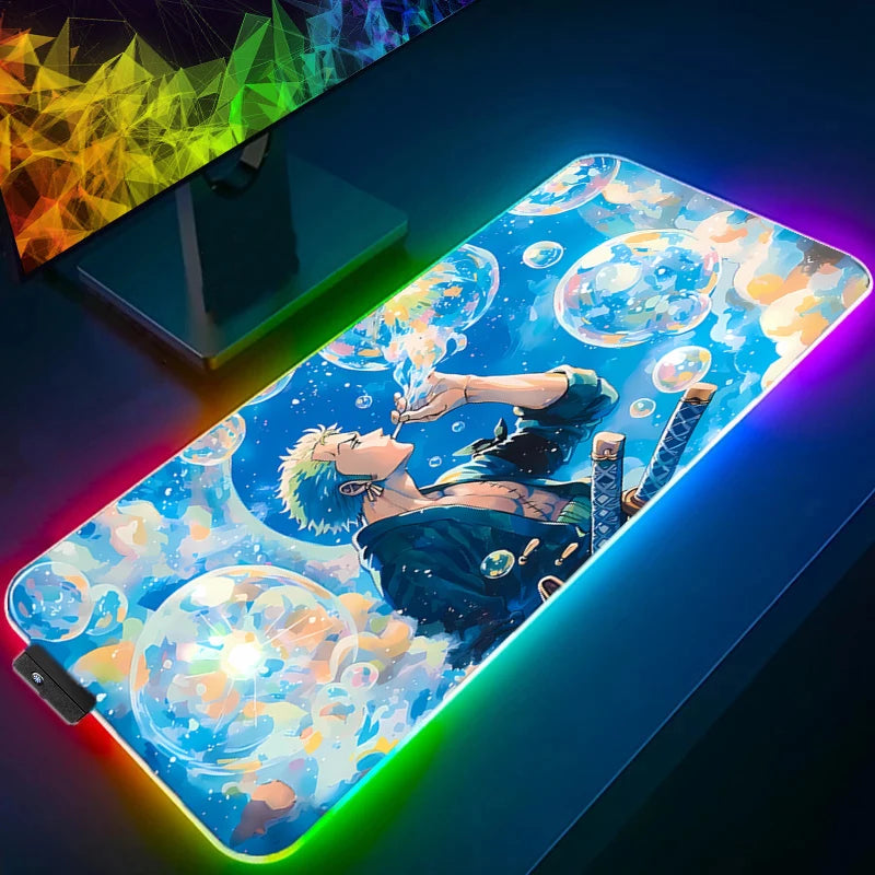 ONE PIECE Zoro RGB Mouse Pad Anime Carpe Large PC Gamer Computer LED Mausepad Keyboard Gaming Accessories Backlight Desk Mat XXL