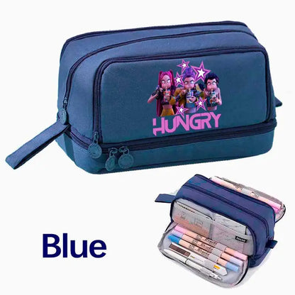 KPOP Pencil Case Student Storage Bag Stationery Large Space Storage 4 Compartment Pouch Double Side Opened