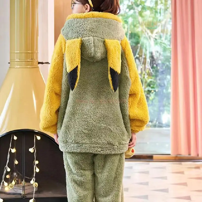 Pokemon Anime Pikachu Pajamas Hooded Women Cartoon Thickened Winter Plush Kawaii Nightgown Suit Two Home Clothing Christmas Gift