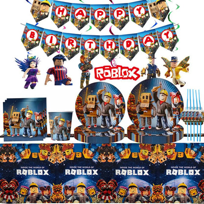 Roblox Boy Kids Set Birthday Party Decorations Tableware Tablecloth Cup Plate Napkin Bags Baby Shower Roblox Party Favor Kits