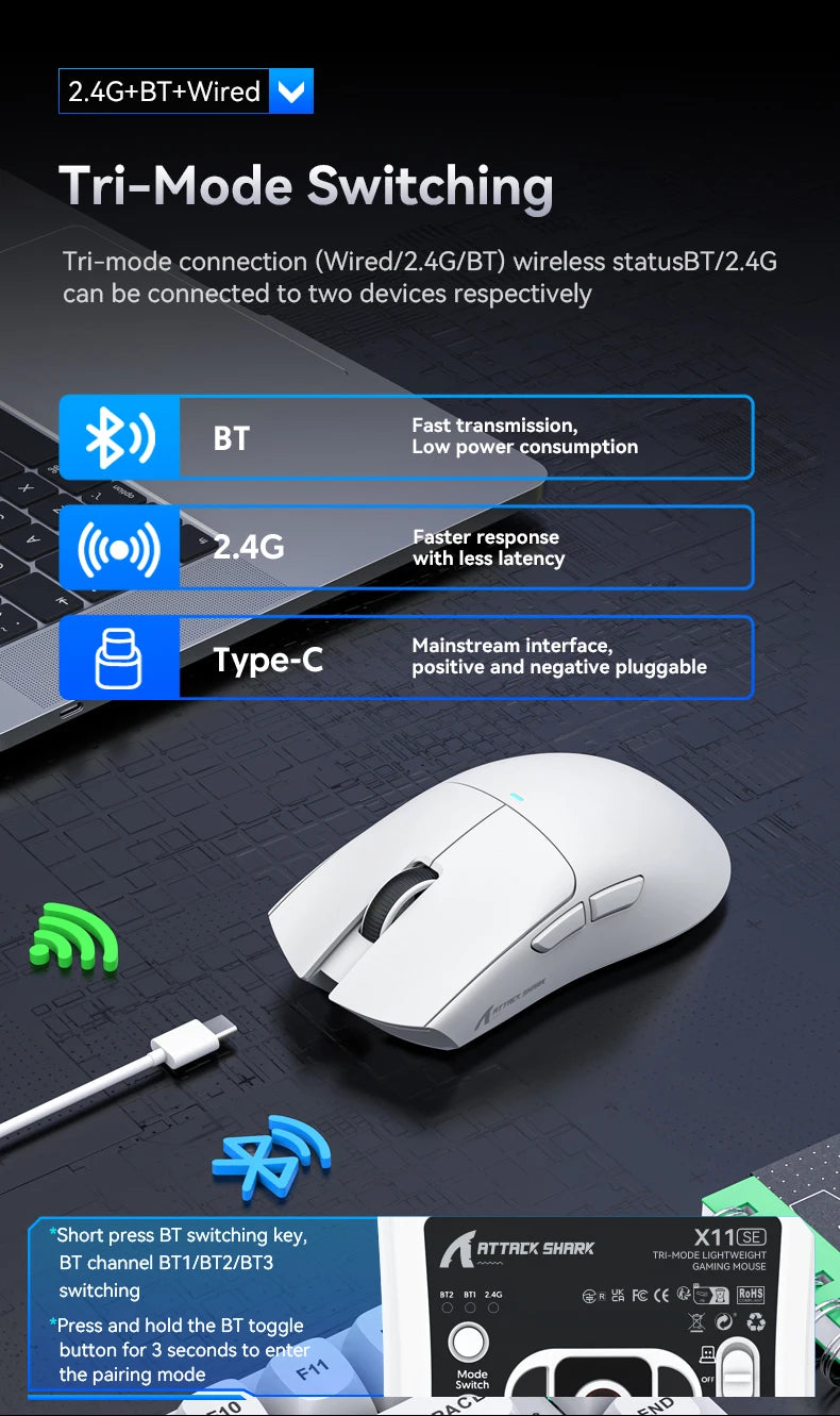 Attack Shark X11 X11SE Wireless Gaming Mouse,1000 Hz,2.4G RGB Optical Mouse,16000 DPI,Ergonomic Computer Mice for PC Laptop Mac