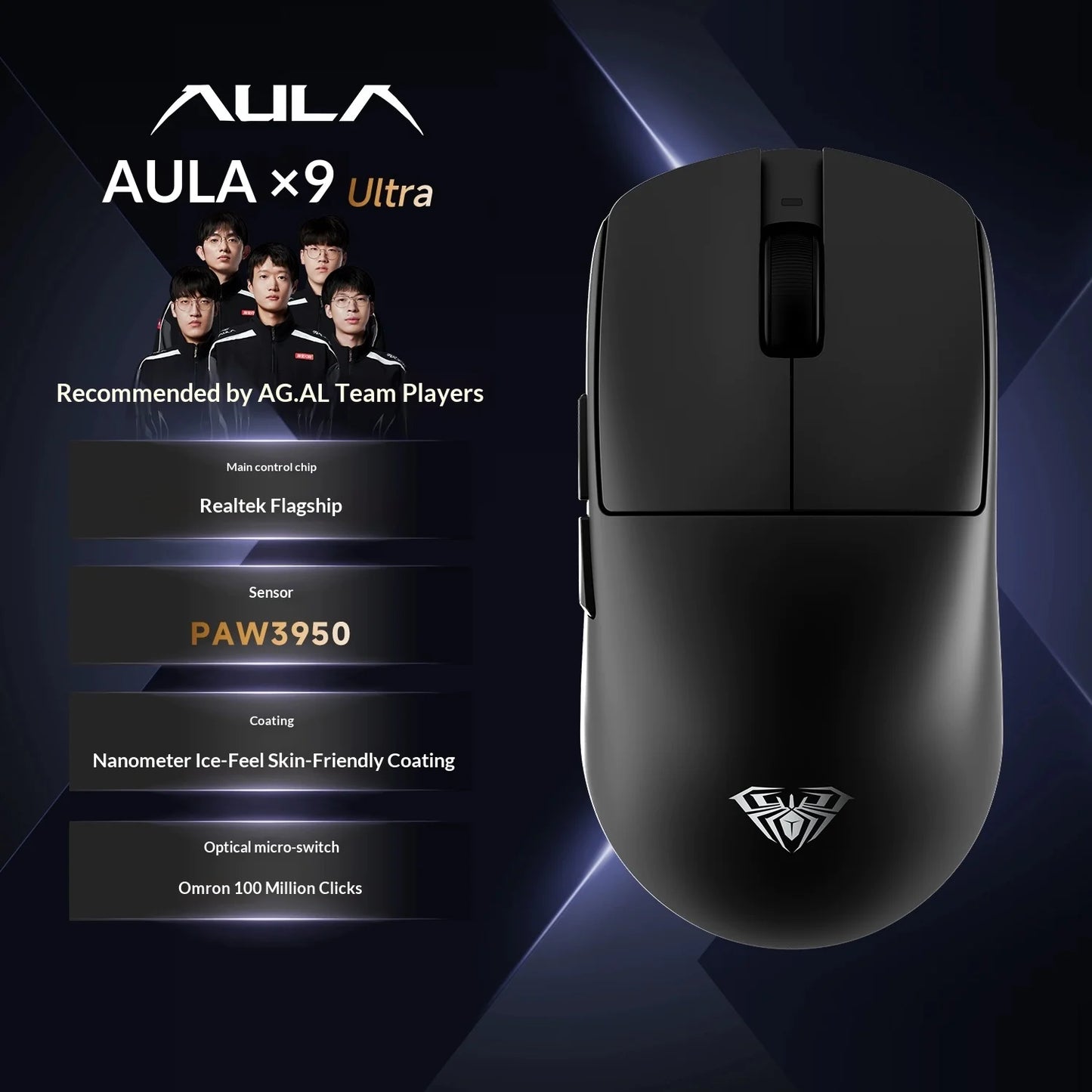 AULA X9 Max Ultra Gaming Mouse Wireless Tri Mode Dual 8KHz 500mAh PAW3950 Lightweight Ergonomic Esports Mouse Gaming Accessories
