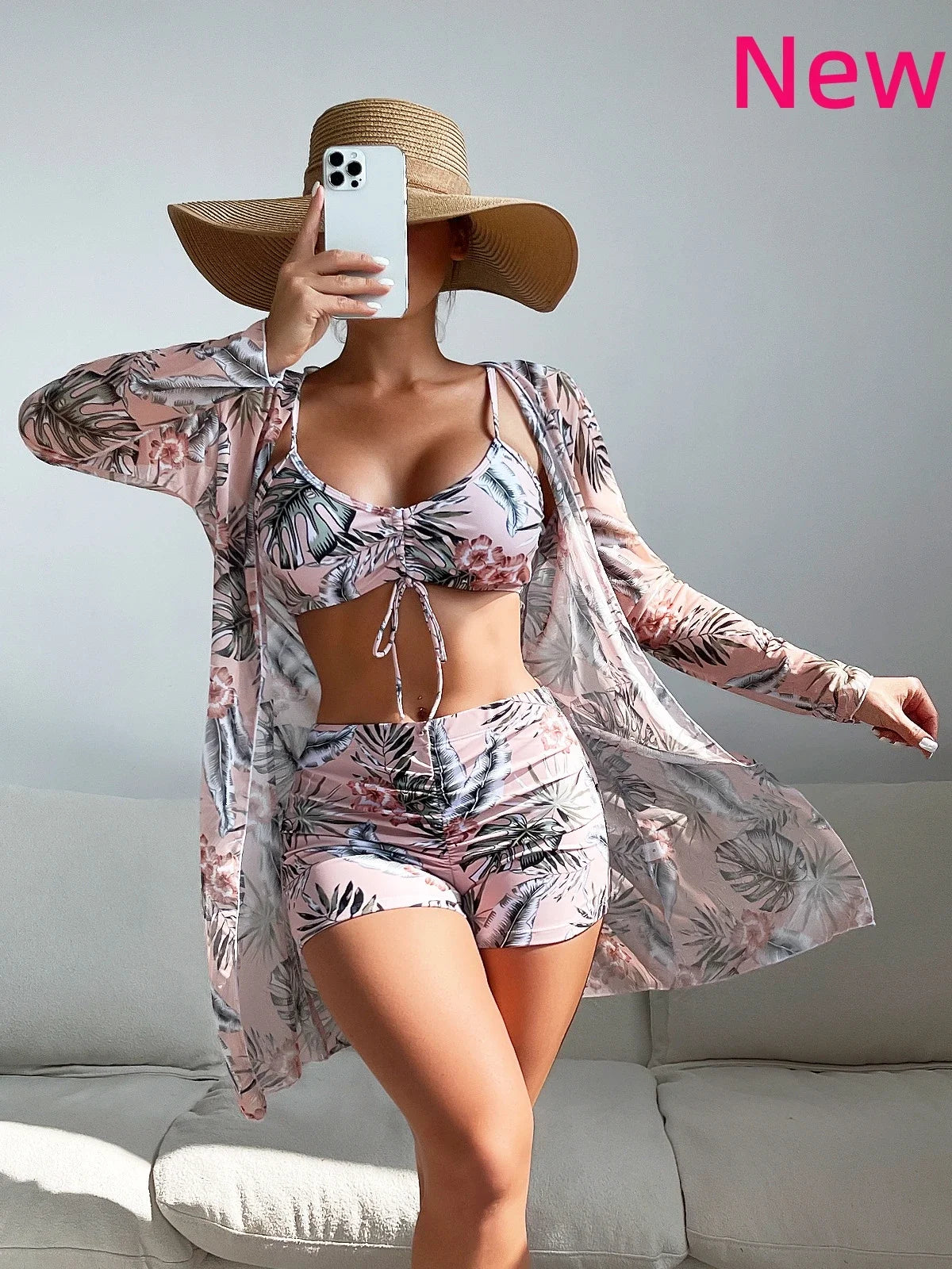 Three Pieces Bikini Set Cover Up Women 2023 New Push Up Twist Swimsuit Print Long Sleeve Swimwear Biquini Bathing Suit Summer