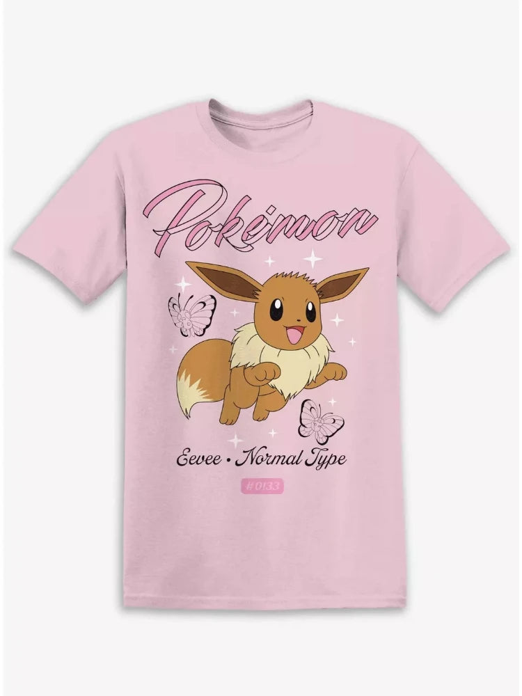 Bandai New Pokemon Genie Eevee Butterfly Print High Quality Fashion Men's Short Sleeve Parent-Child Loose Comfortable T-Shirt