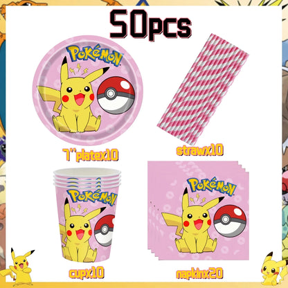 Pink Pokemon Birthday Party Decoration Disposable Tableware Set Pikachu Tablecloth Cup Plate Baby Shower Kids Diy Party Supplies
