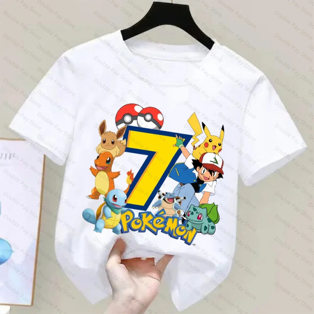 Pokemons Pikachu Kids T Shirts Birthday Number 3-8 Printed T Shirt Boys Girls Summer Casual Short Sleeves Tops Children Clothing