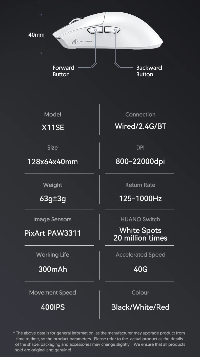 Attack Shark X11 X11SE Wireless Gaming Mouse,1000 Hz,2.4G RGB Optical Mouse,16000 DPI,Ergonomic Computer Mice for PC Laptop Mac