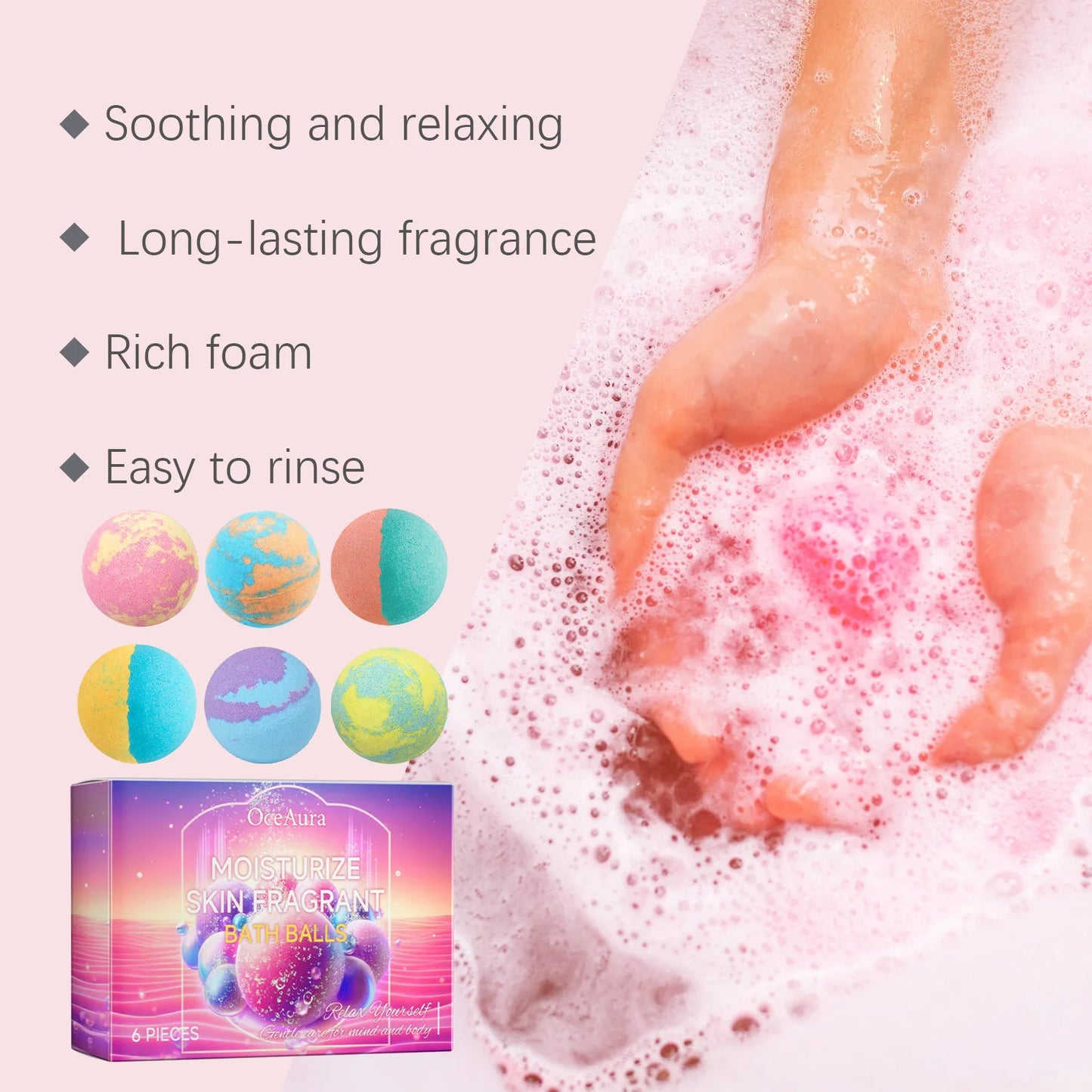 OceAura Bath Bubble Balls for Women Soft Smooth Clean Body Care Moisturizing Skin Elasticity Enhancement Shower Gift Set 6pcs