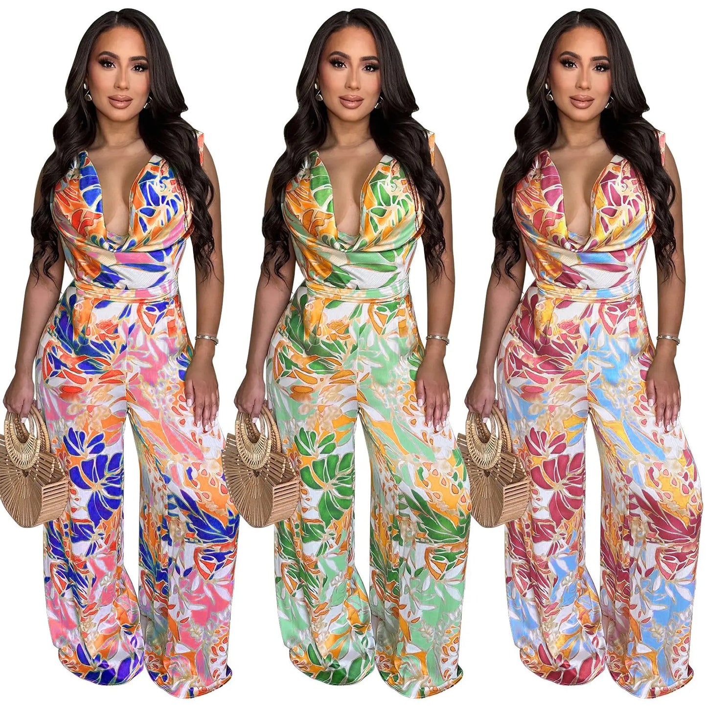 Summer Women 2025 Outfits Beach Jumpsuit Cover Up For Female Swim Swimsuit Sexy Tunic Sleeveless Lace Up Wide Leg Printed Romper