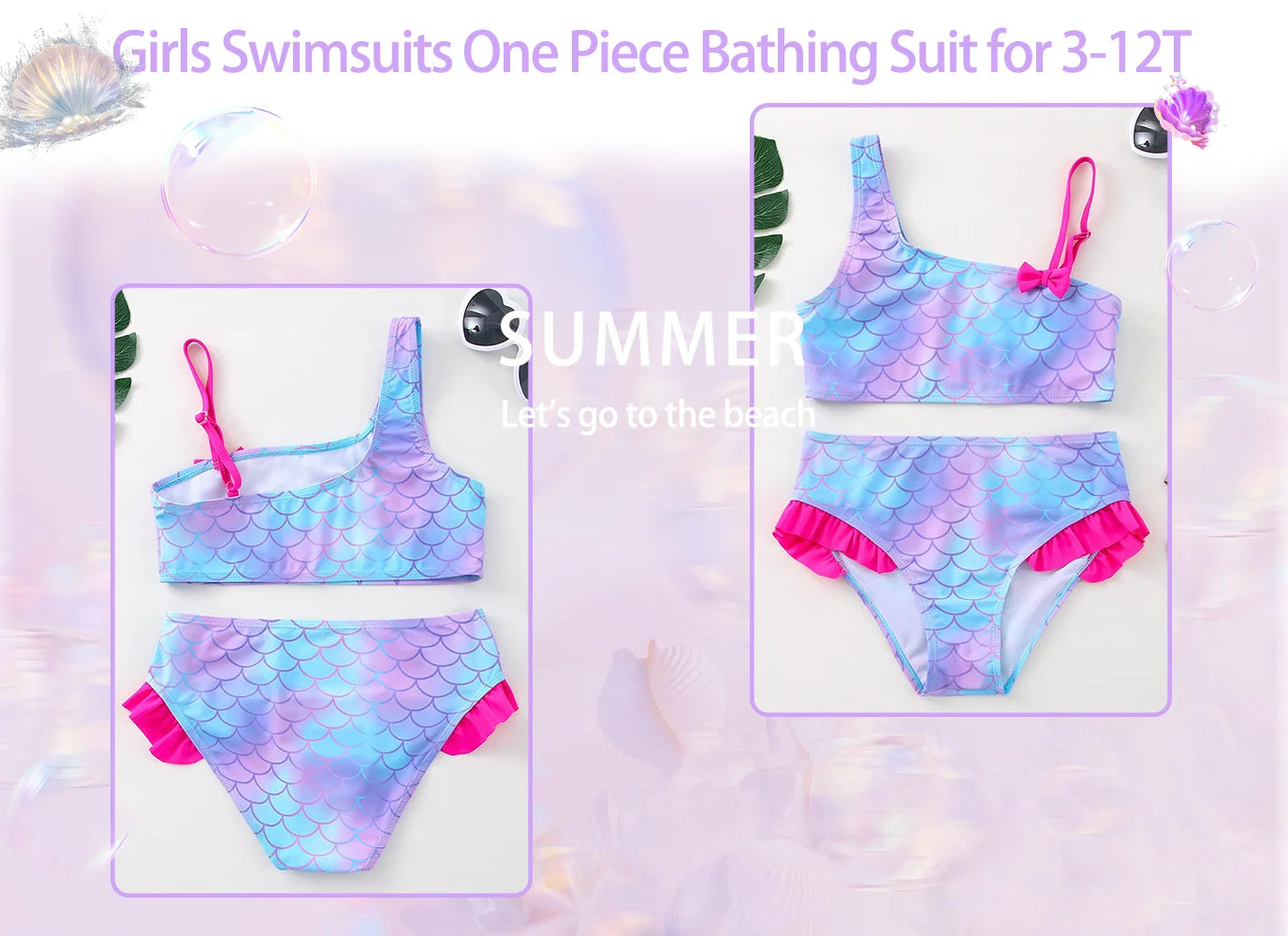 Girls' "Nature Love" Bikini Set: Mermaid Scale Pattern with Chibi Fox & Asymmetric Ruffles