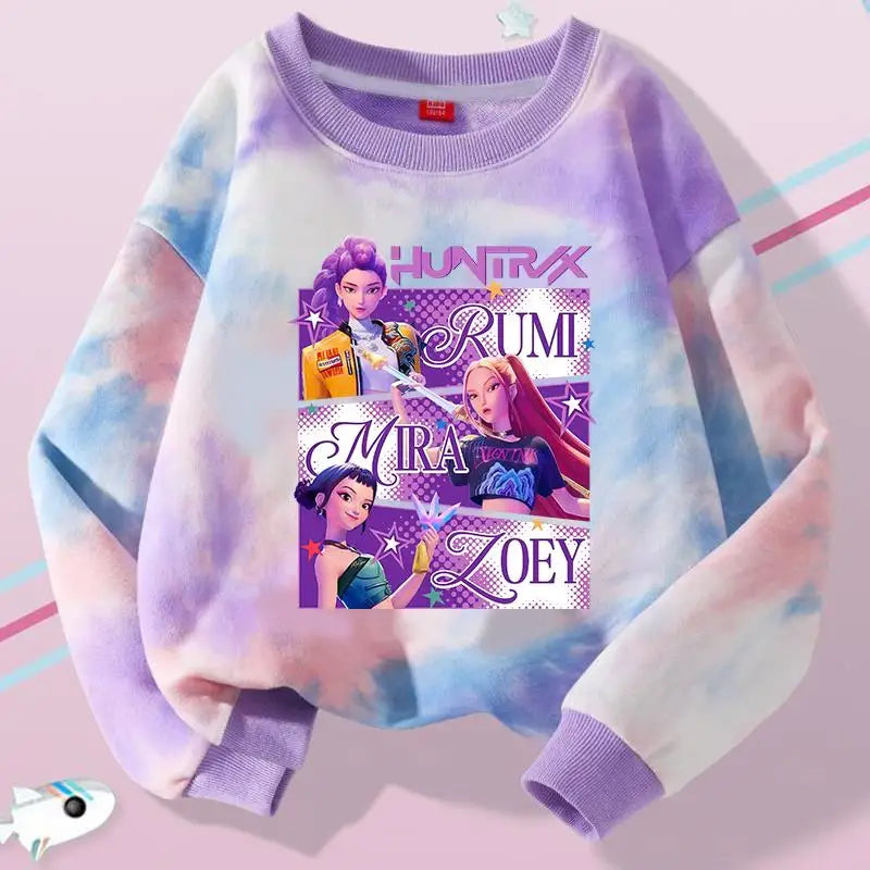 K-Pop Hunters Zoey Mira Rumi Tie-dyed Sweatshirt for Girl Pullover Crew Neck Child Sportwear Long Sleeve Cartoon Kids Tops