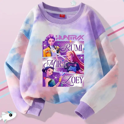 K-Pop Hunters Zoey Mira Rumi Tie-dyed Sweatshirt for Girl Pullover Crew Neck Child Sportwear Long Sleeve Cartoon Kids Tops