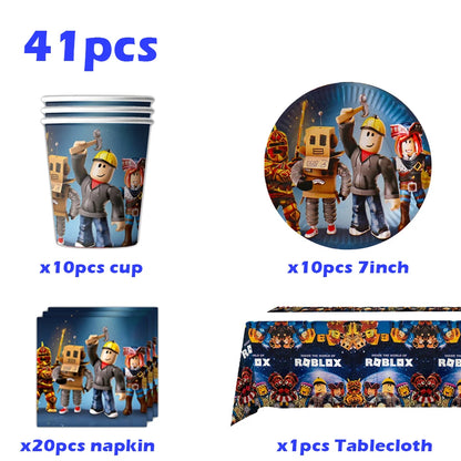Roblox Theme Party Supplies Birthday Decorations Tableware Paper Cups Balloon Tablecloth Gift Bag Banner Cake Topper Baby Shower
