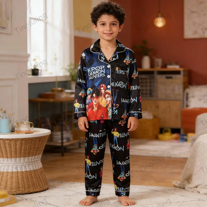 Kids' K-Pop Demon Hunters Satin Pajama Set: Long Sleeve Luxury Sleepwear
