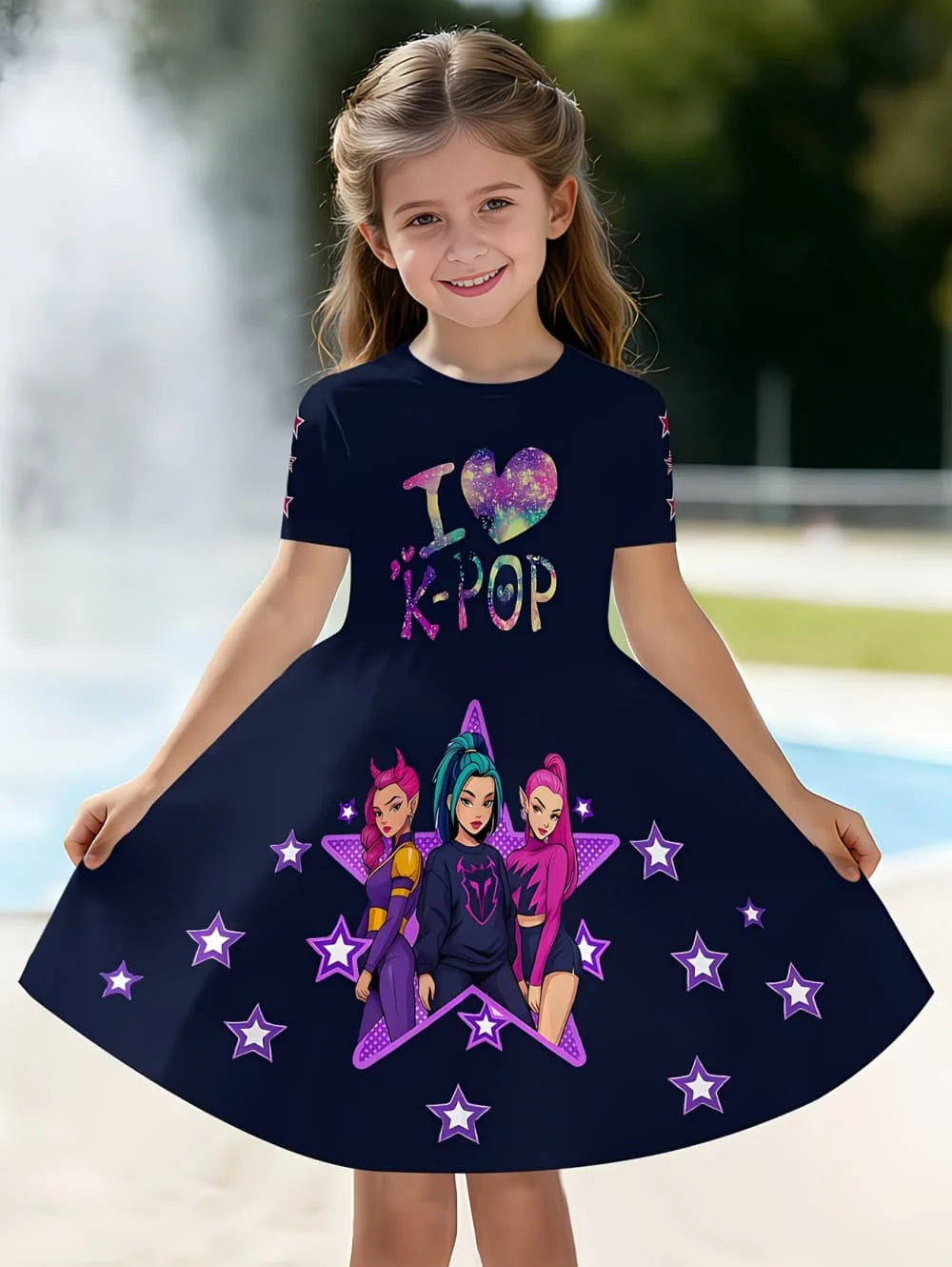 Girls' K-Pop "Anime Star" Summer Dress: Harajuku Style Short Sleeve A-Line Gown